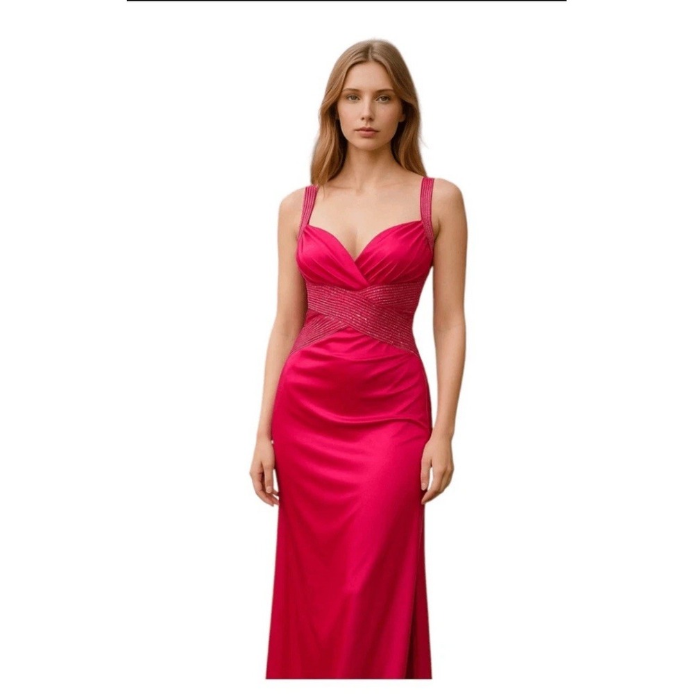 Magenta Pink Satin Formal Gown Pleated V-Neck Glitter Waist Maxi Dress